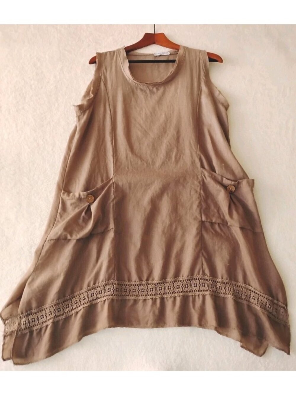 Tempo Paris 100% Linen Dress Crochet Accent Patch Pockets Asymmetric Small Brown